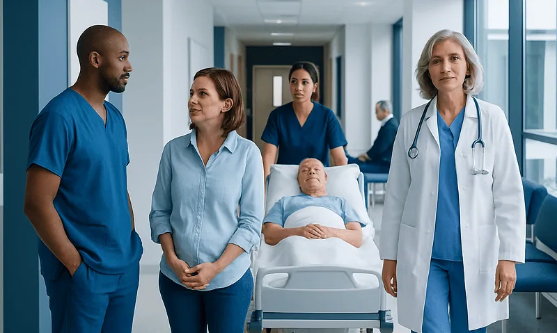 Medical team and patient in hospital corridor at Acibadem Hospitals Group.