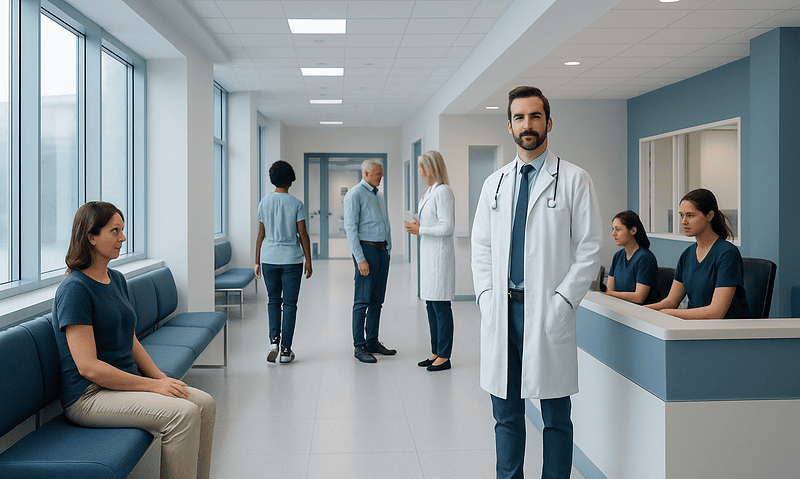 Medical clinic with doctors and patients in a modern hospital setting.