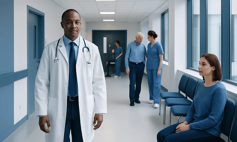 Medical professional in hospital corridor with patients and staff.