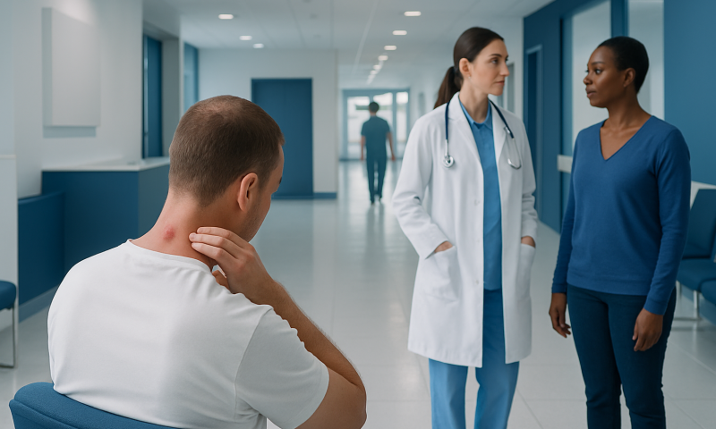 Doctor consulting with patient in hospital corridor.