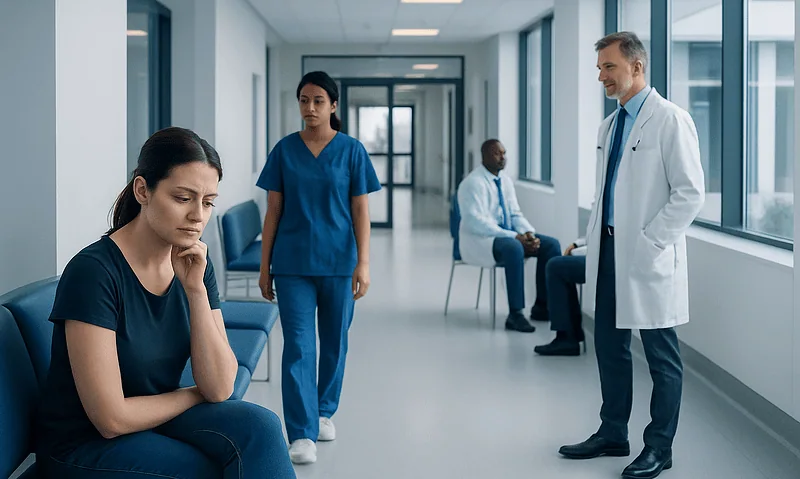 Patients waiting in a hospital corridor with medical staff present.