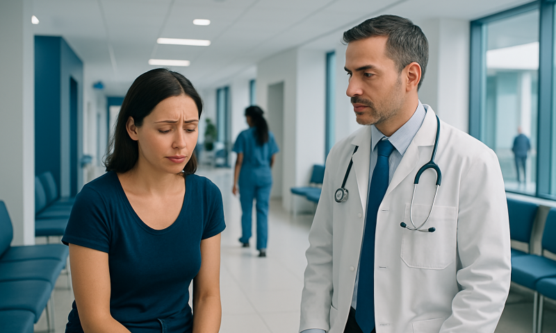 Doctor consulting a woman patient in a hospital corridor.