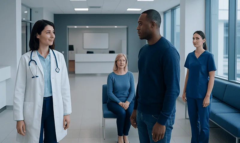 Doctor and patient having consultation in hospital corridor.