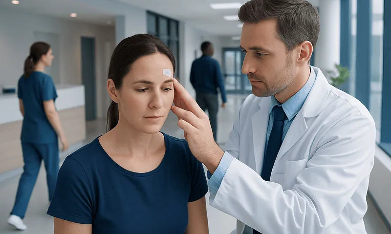 Doctor applying butterfly stitches to a patient's forehead in a hospital corridor.