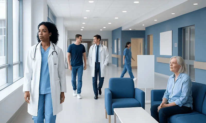 Diverse medical staff and patient in a modern hospital corridor.