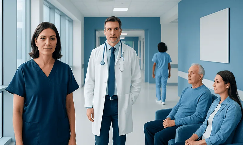 Medical team with patients in hospital corridor at Acibadem Hospitals Group.