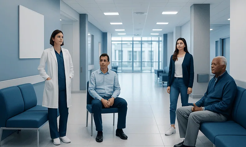 C D H: What Patients Need to Know 3 Medical consultation in a modern hospital waiting area with healthcare professionals and patients.