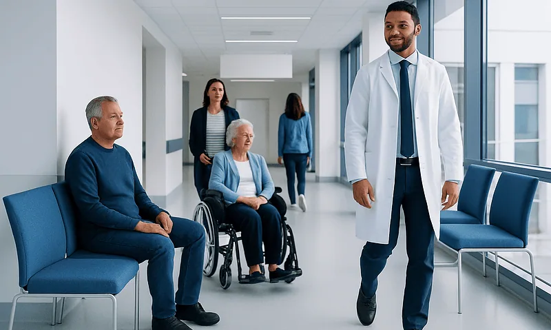 Medical professional walking in hospital corridor with elderly patients seated nearby.