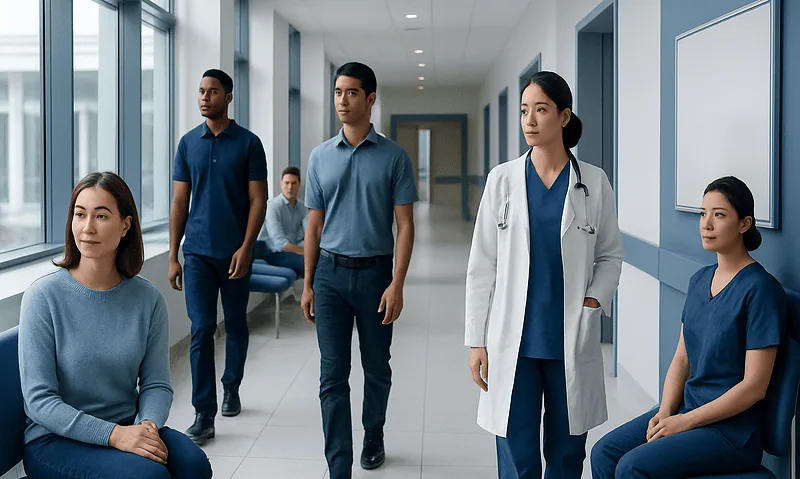 Medical team in hospital corridor with patients and healthcare professionals.