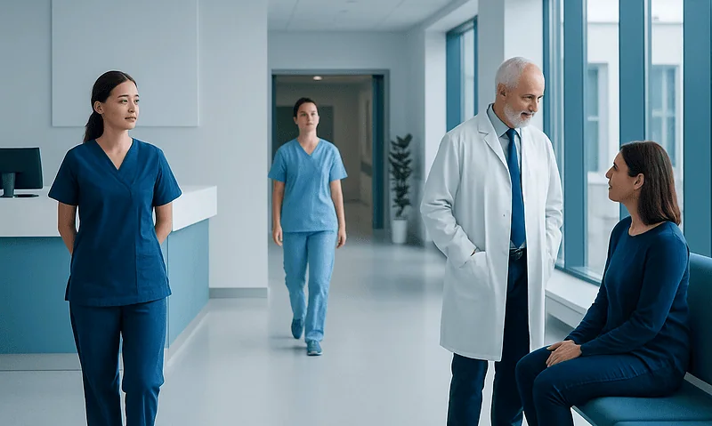 Medical team consulting with patient in hospital corridor.