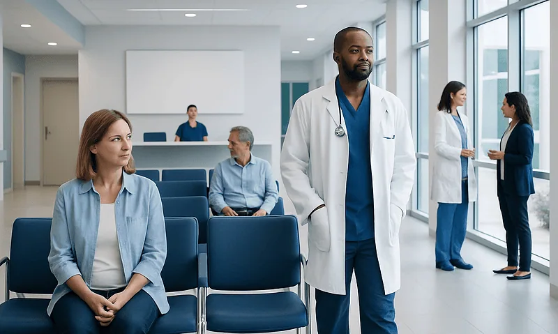 Medical professionals and patients in a hospital waiting area.