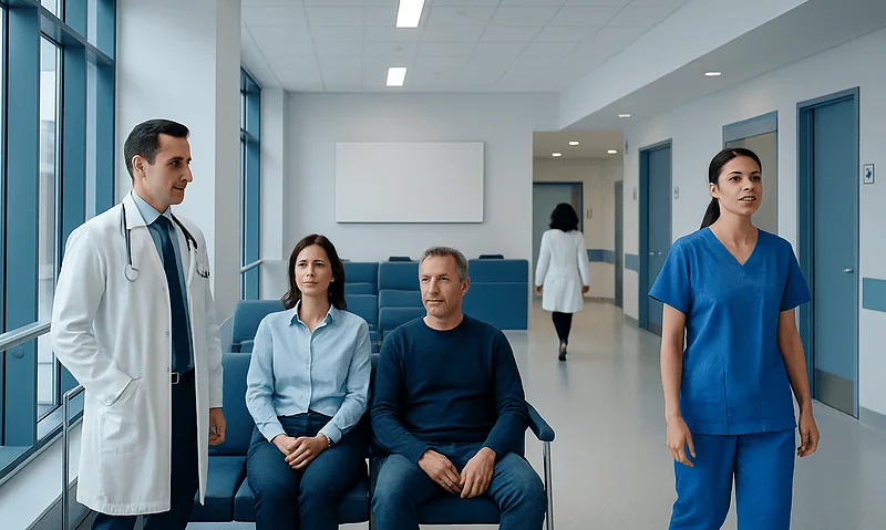 Medical consultation in a hospital corridor with healthcare professionals and patient.