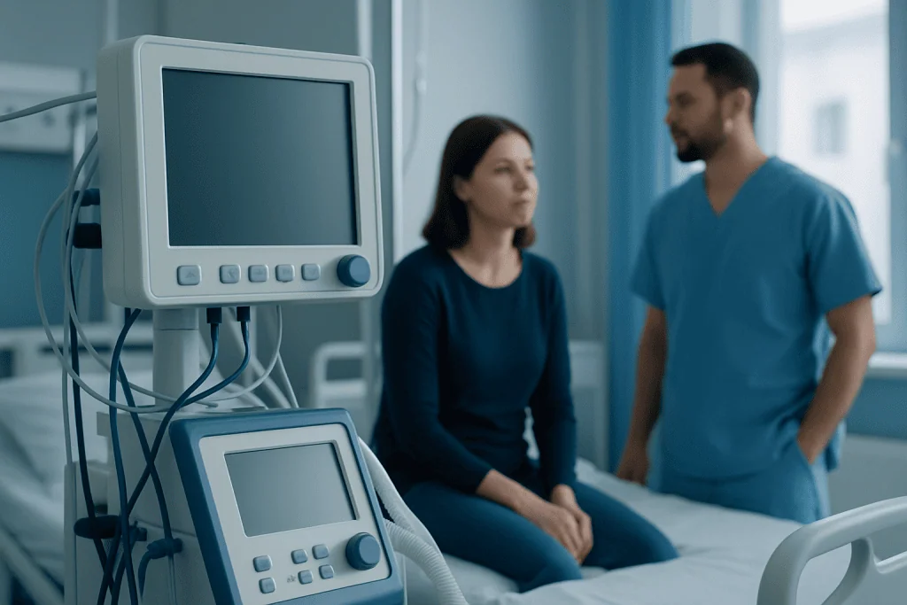 Doctor consulting patient in hospital room with medical monitors nearby.