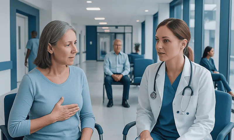Doctor consulting a patient in a hospital corridor.