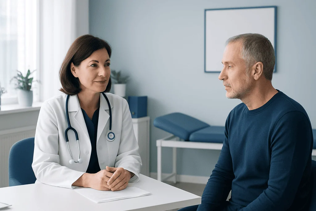 Doctor consulting with a male patient in a medical office.