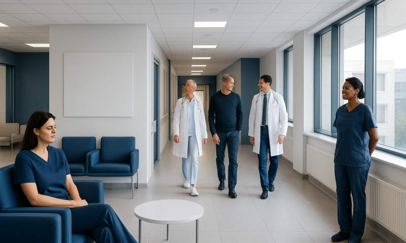 Medical staff and patient in hospital corridor at Acibadem Hospitals Group.