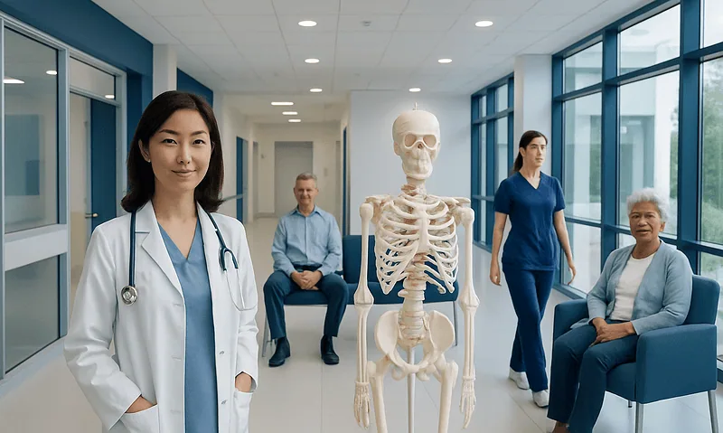 Medical team with skeleton model in hospital corridor.