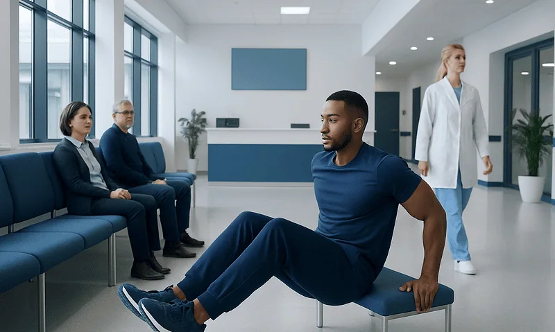 Patient performing physical therapy exercise in hospital corridor.