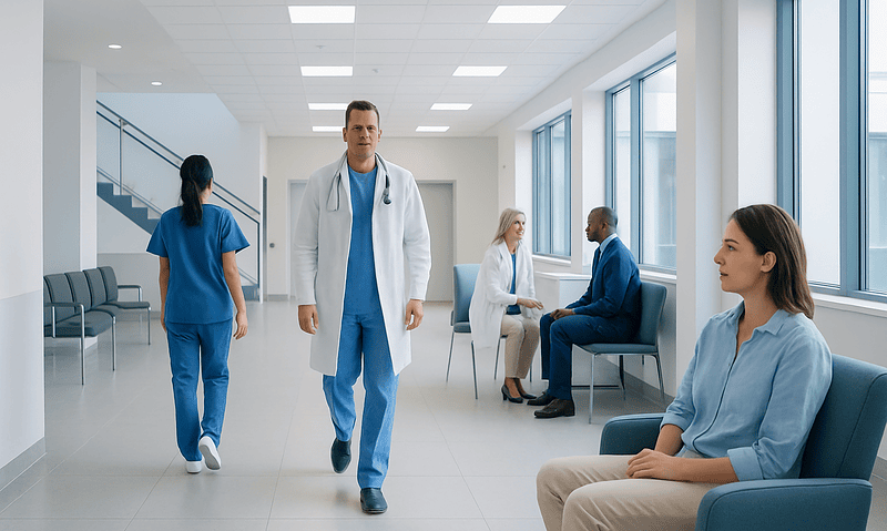 Healthcare professionals and patients in a modern hospital waiting area.
