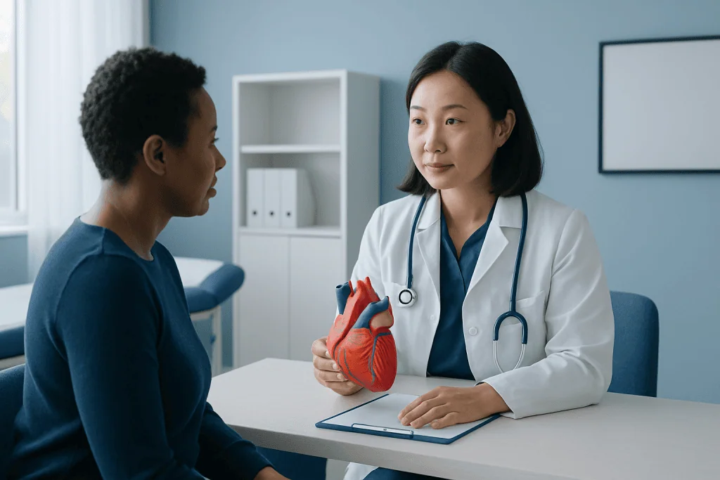 Doctor explaining heart health to a patient in a medical consultation.