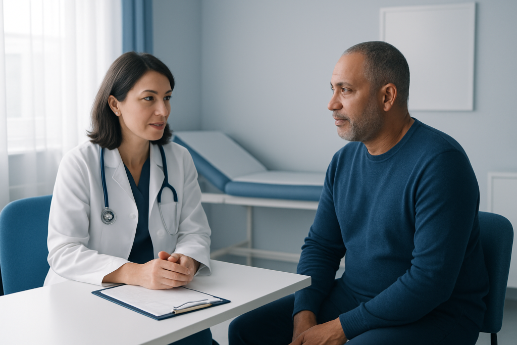 Doctor consulting with patient in a medical office setting.