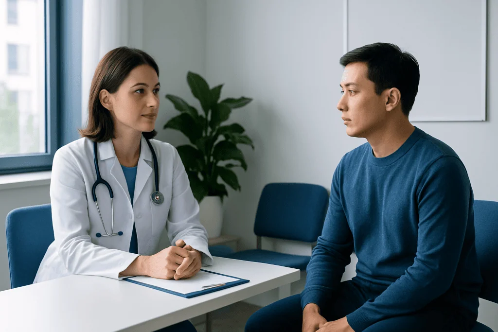 Doctor consulting with a patient in a medical office setting.
