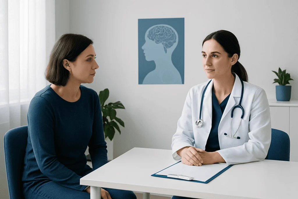 Doctor consulting with a patient in a medical office with brain diagram.