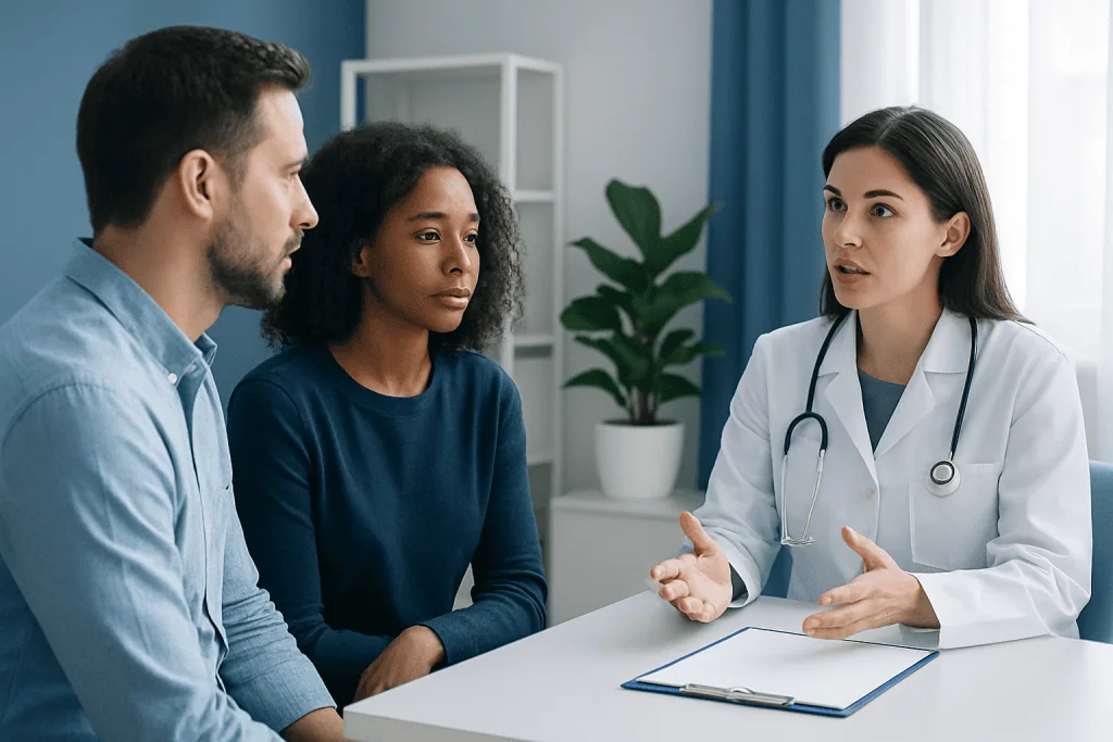 Doctor consulting with a diverse couple in a medical office setting.