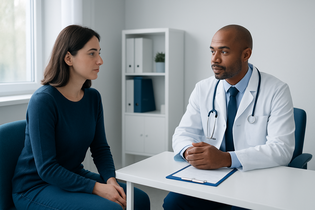 Doctor consulting with a female patient in a modern clinic setting.