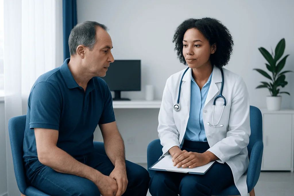 Doctor consulting with a patient in a modern medical office.