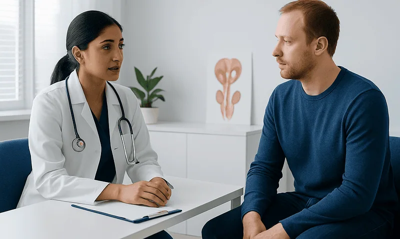 Doctor consulting male patient in a medical office with anatomical poster in background.