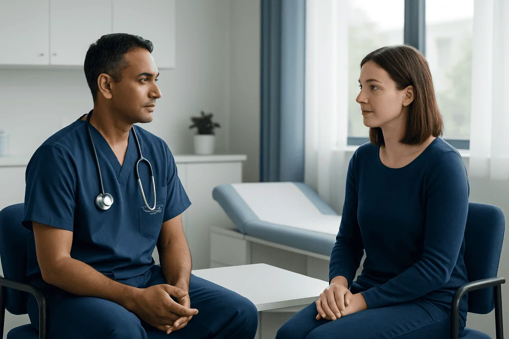 Doctor consulting with a female patient in a medical office.