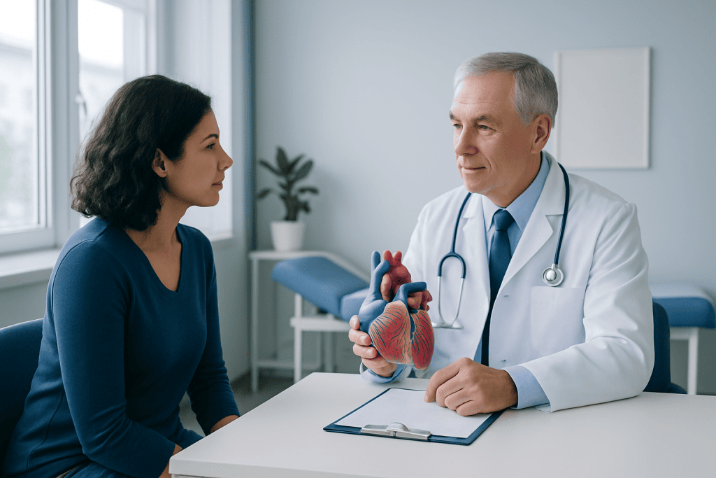 Cardiologist explaining heart conduction system to patient in clinic.