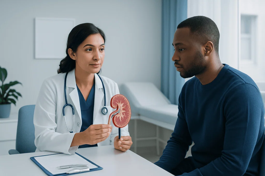 Doctor explaining kidney anatomy to patient in clinic setting.