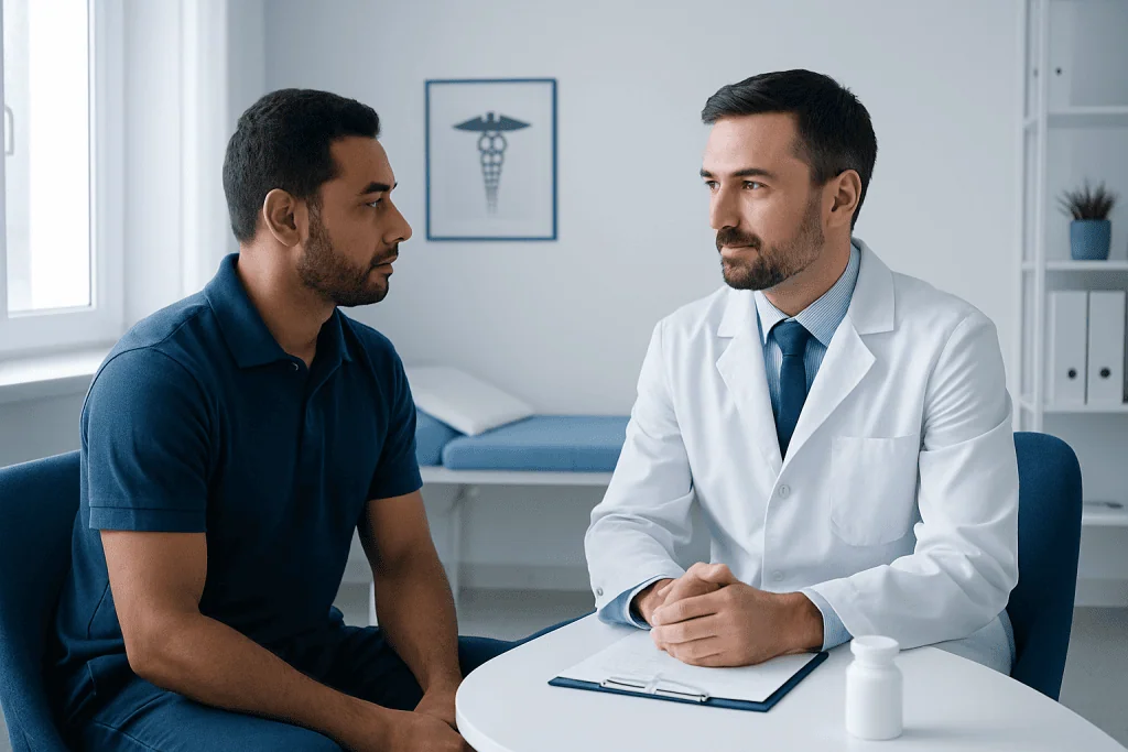 Doctor consulting with patient in a medical office setting.