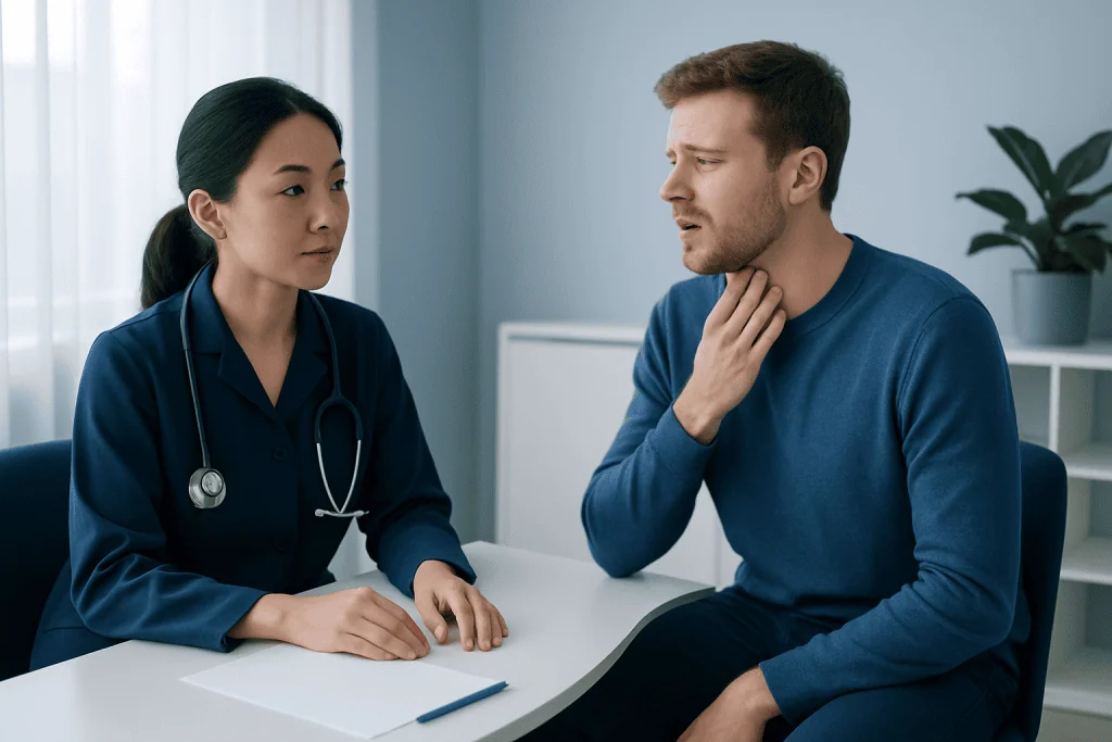 Doctor examining a patient's throat during consultation at Acibadem Hospital.