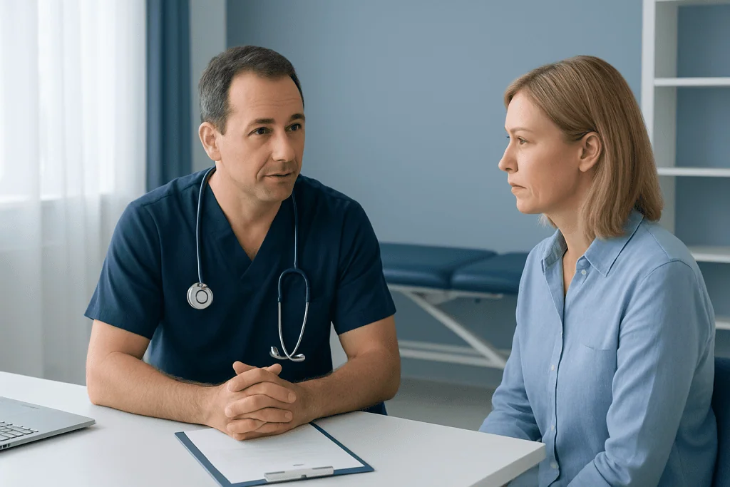 Doctor consulting with a female patient in a medical office setting.