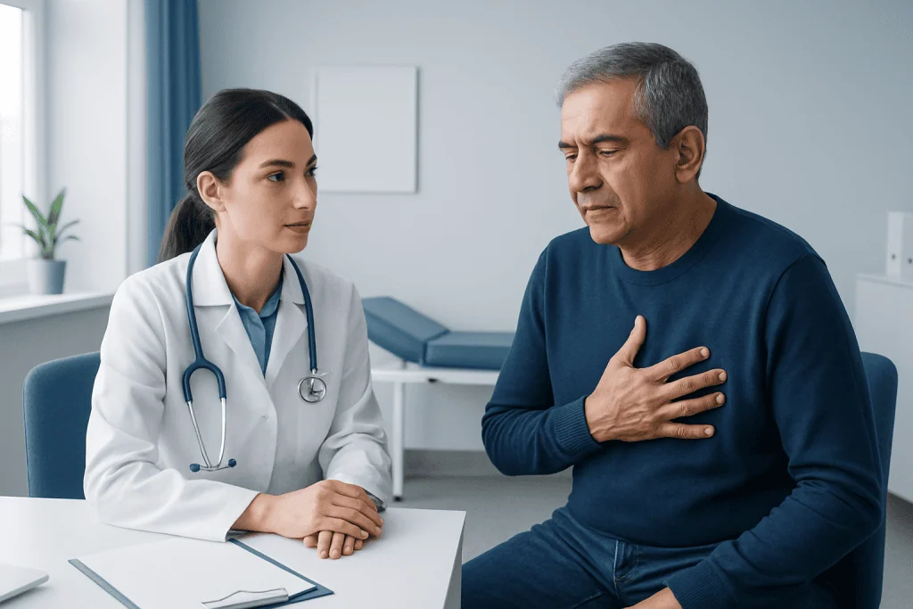 Doctor consulting with a patient experiencing chest pain in a hospital room.