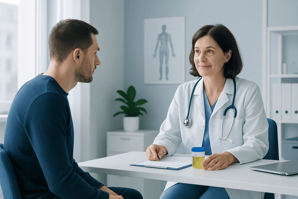 Doctor consulting with a patient in a modern medical office.
