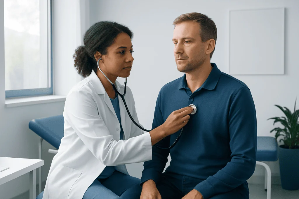 Doctor auscultating patient's chest during medical examination at hospital.
