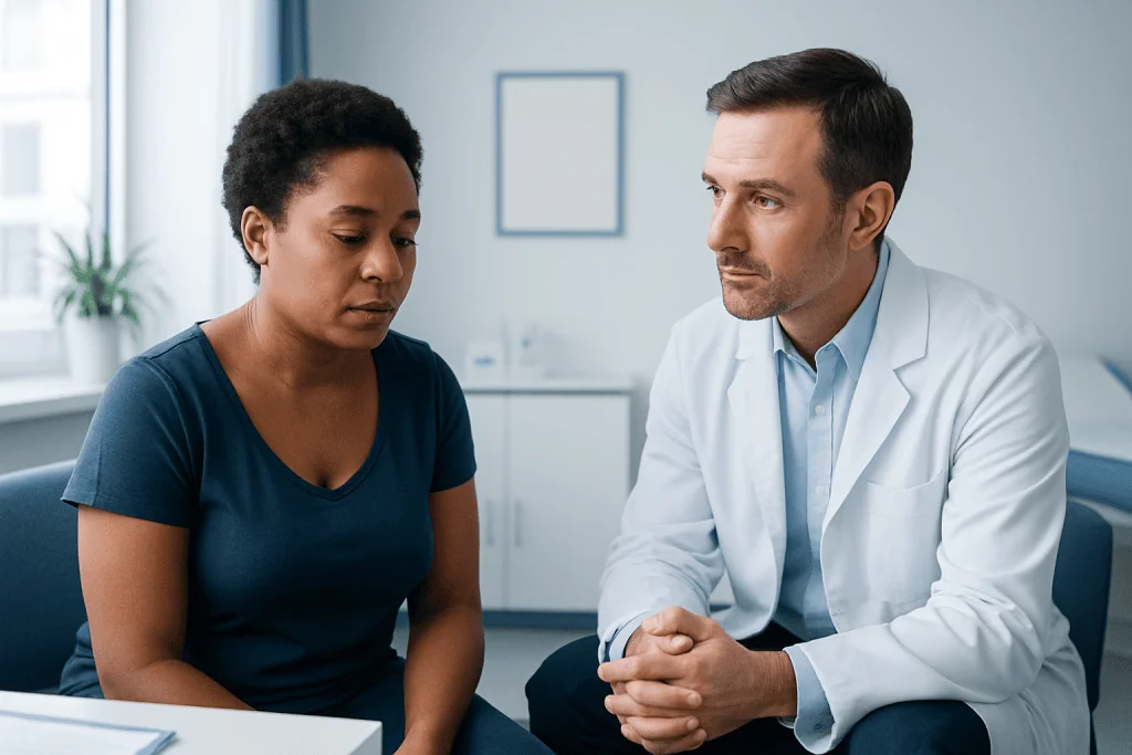 Doctor consulting with a patient about health concerns in a medical office.
