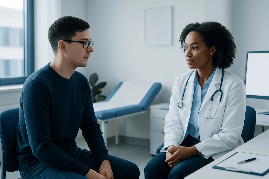 Doctor consulting with a patient in a modern medical office.