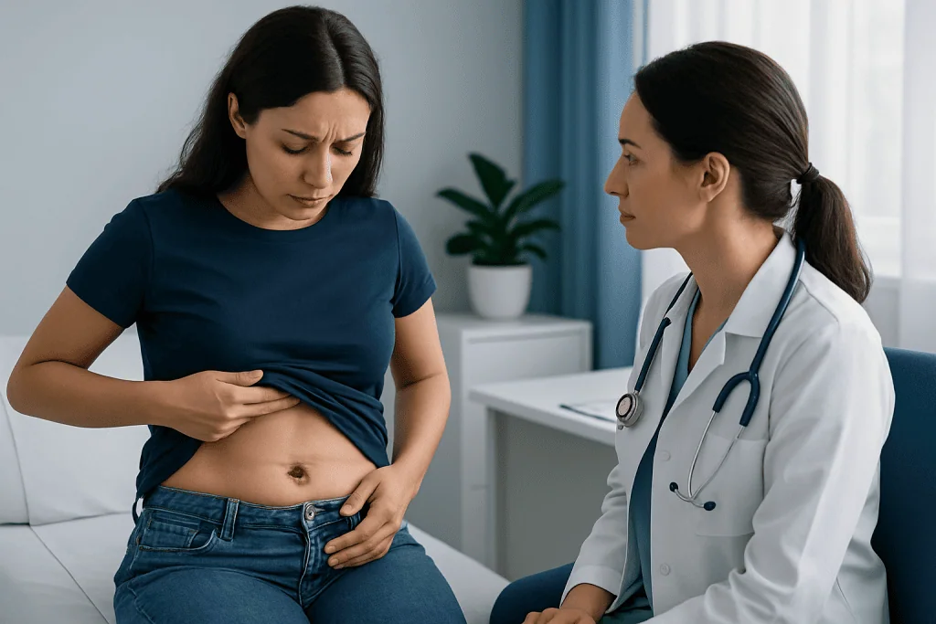 Young woman with stomach pain consulting a doctor in a clinic.