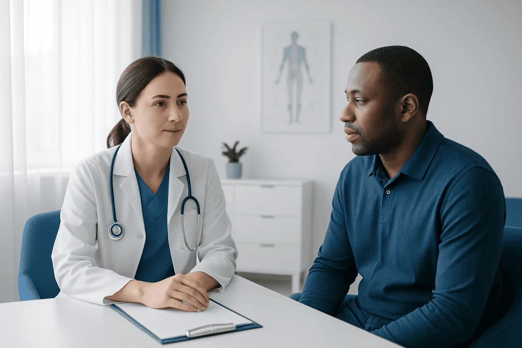 Doctor consulting with a patient in a medical office setting.