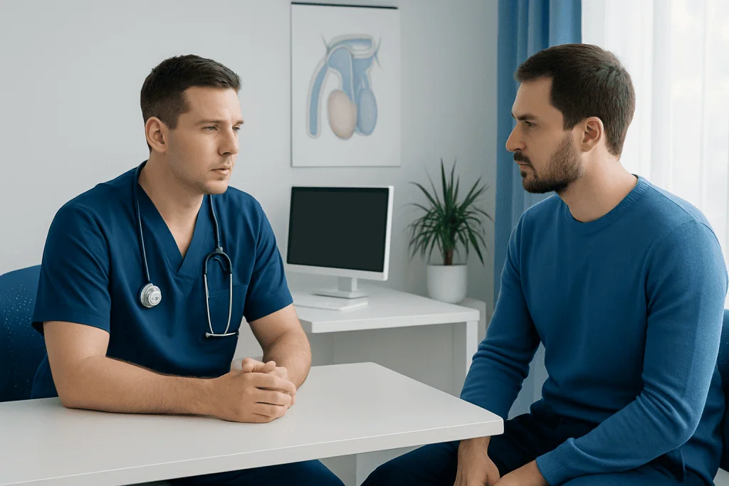 Doctor consulting with male patient in a medical office.