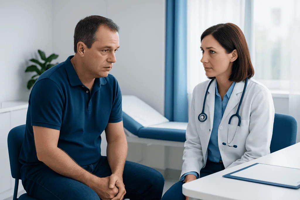 Doctor consulting male patient about anal swelling in a clinical setting.