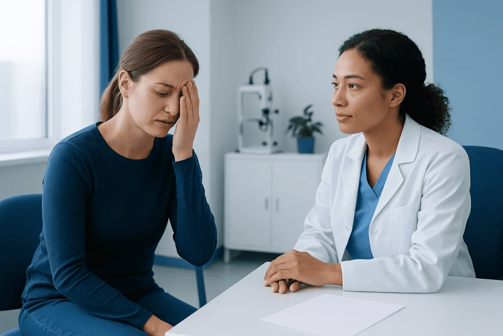 Woman experiencing eye pain consults with doctor in clinic.