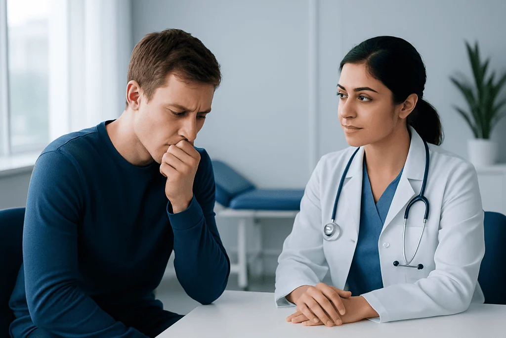 Doctor consulting with a patient about health concerns in a medical office.