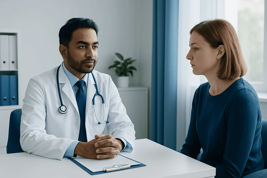 Doctor consulting with a female patient in a modern hospital room.
