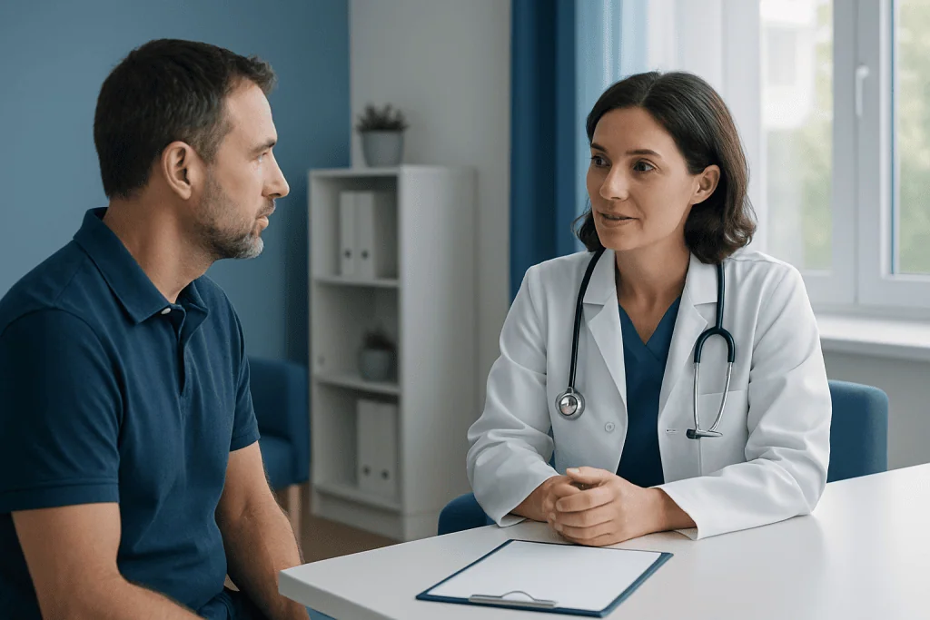 Doctor consulting with male patient in a medical office setting.